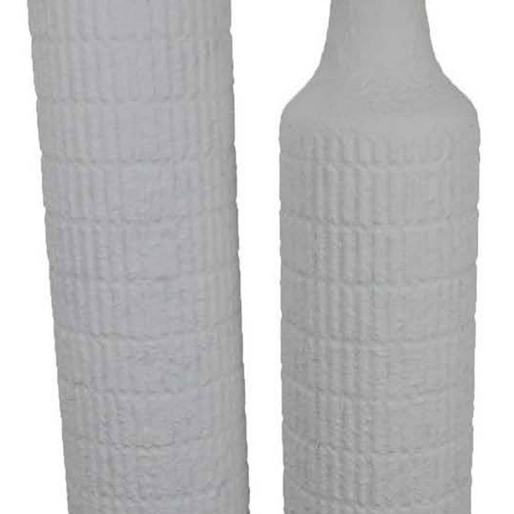 Modern Flower Vase Bottle Set of 2, Narrow Neck, Textured White Metal -BM334822