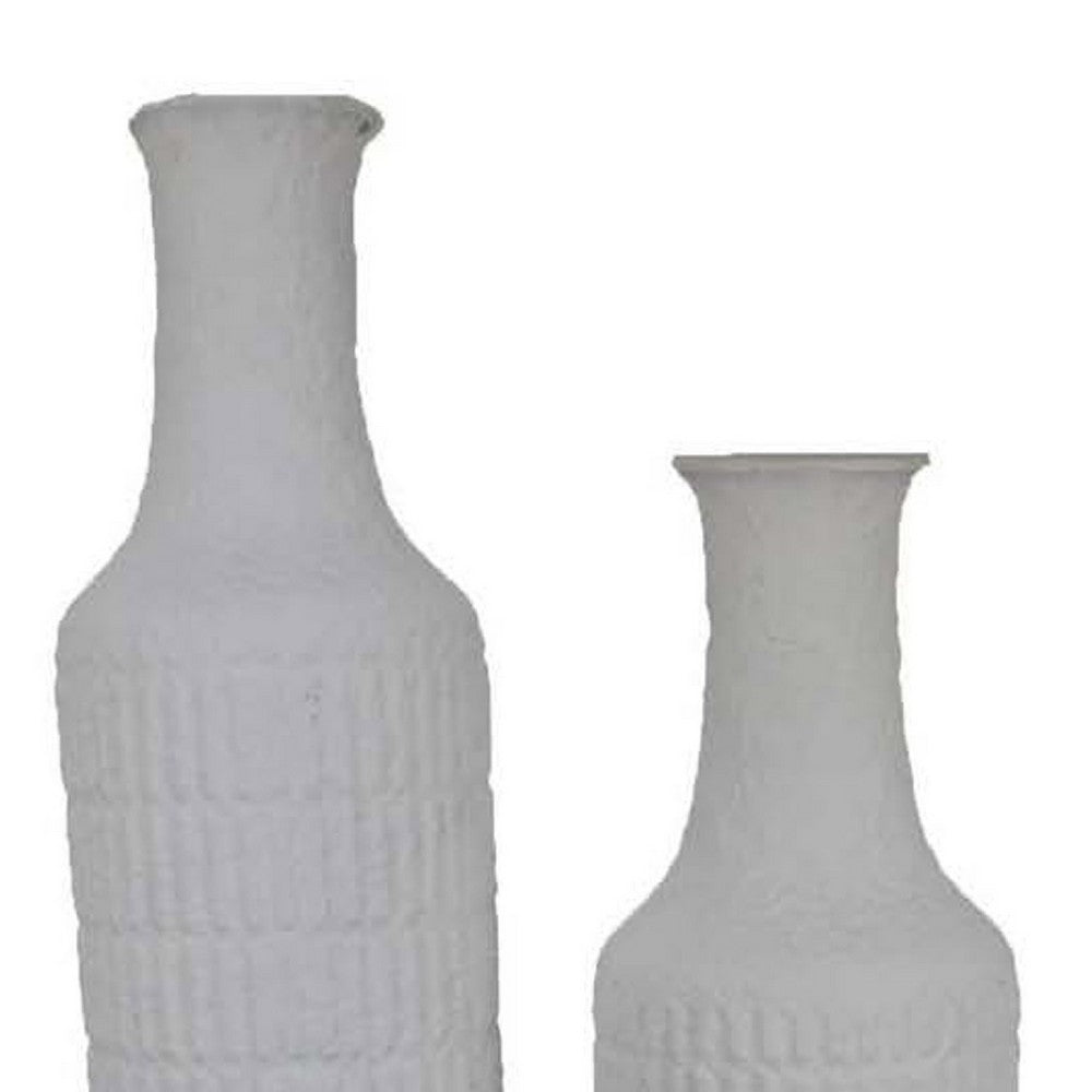 Modern Flower Vase Bottle Set of 2, Narrow Neck, Textured White Metal -BM334822