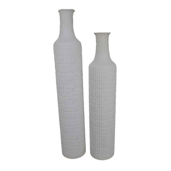 Modern Flower Vase Bottle Set of 2, Narrow Neck, Textured White Metal -BM334822