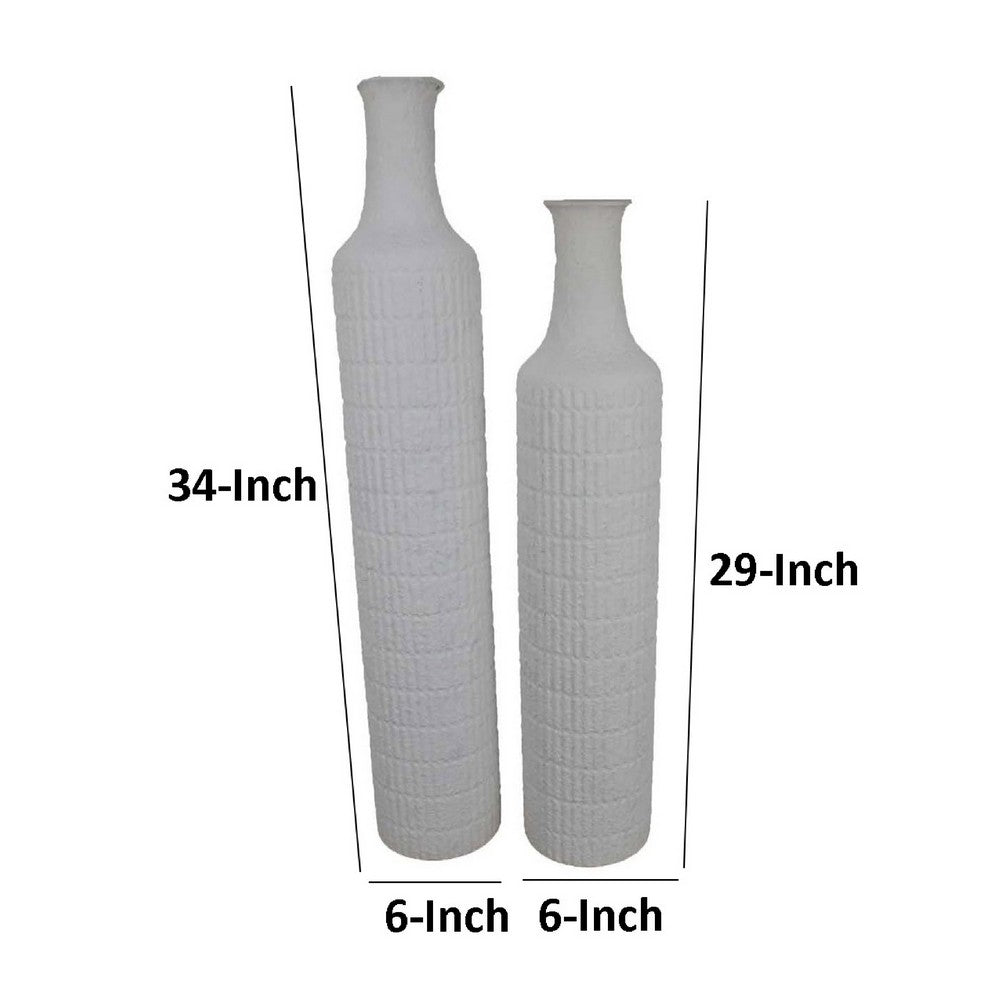 Modern Flower Vase Bottle Set of 2, Narrow Neck, Textured White Metal -BM334822