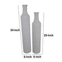 Modern Flower Vase Bottle Set of 2, Narrow Neck, Textured White Metal -BM334822