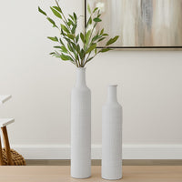 Modern Flower Vase Bottle Set of 2, Narrow Neck, Textured White Metal -BM334822