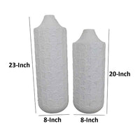 Accent Flower Vase Set of 2, Tall Wide Base, Textured White Metal -BM334823
