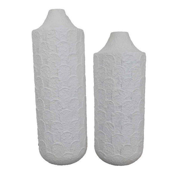 Accent Flower Vase Set of 2, Tall Wide Base, Textured White Metal -BM334823