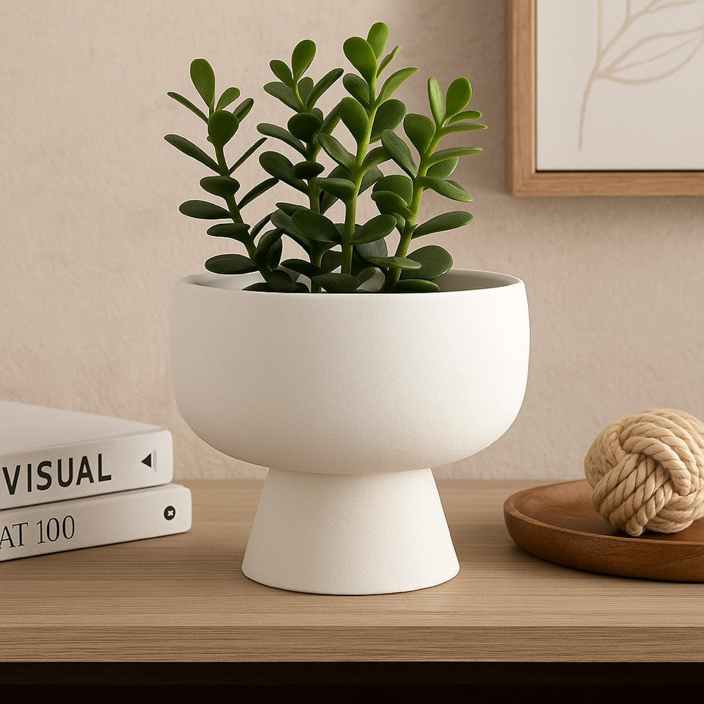 Accent Bowl Planter, Round Pedestal Base, Modern White Ceramic 12 Inch -BM334834