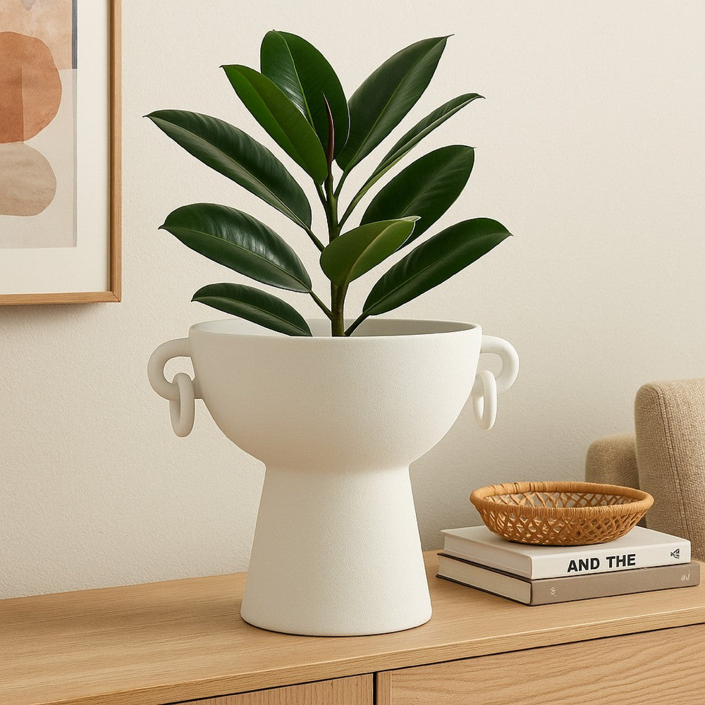 Decorative Bowl Planter, 2 Round Handles, Modern White Ceramic 14 Inch -BM334835