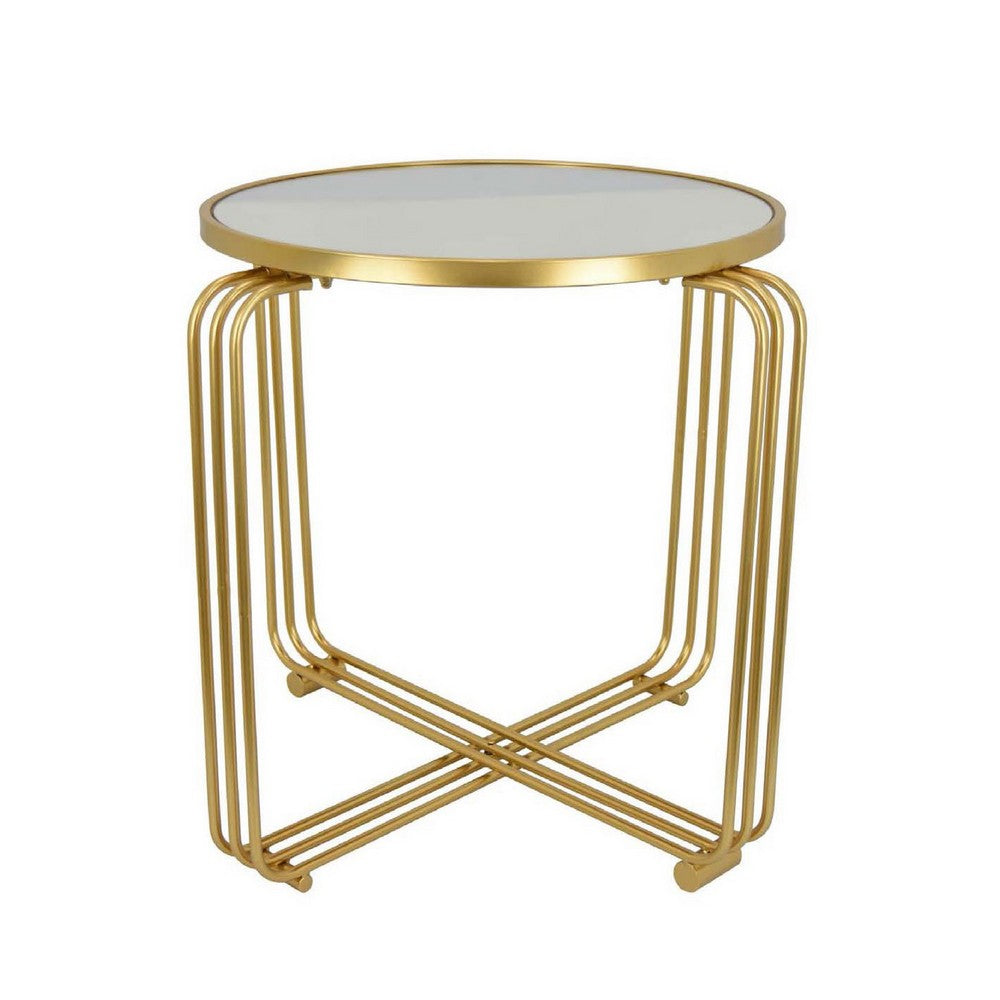 Modern Plant Stand Table, 25 Inch Round Mirror Top, Gold Metal Frame -BM334837