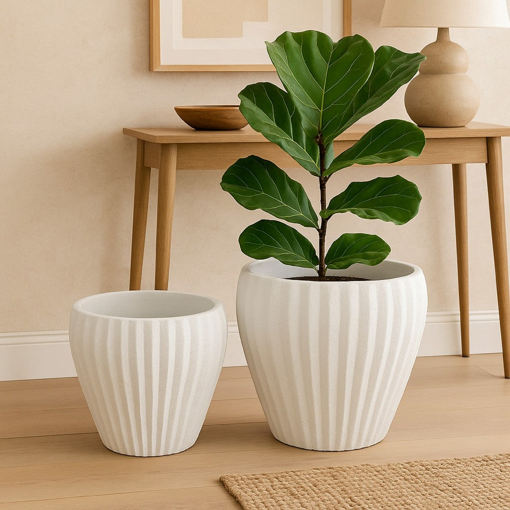 Accent Bowl Planter Set of 2, Ribbed Edges, White Terracotta, 14, 11 -BM334842