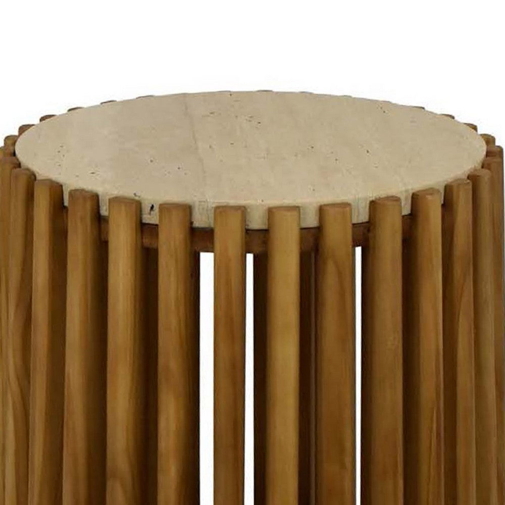 Gexy Side End Table, 18 Inch Marble Top, Slatted Drum Base, Brown -BM334845