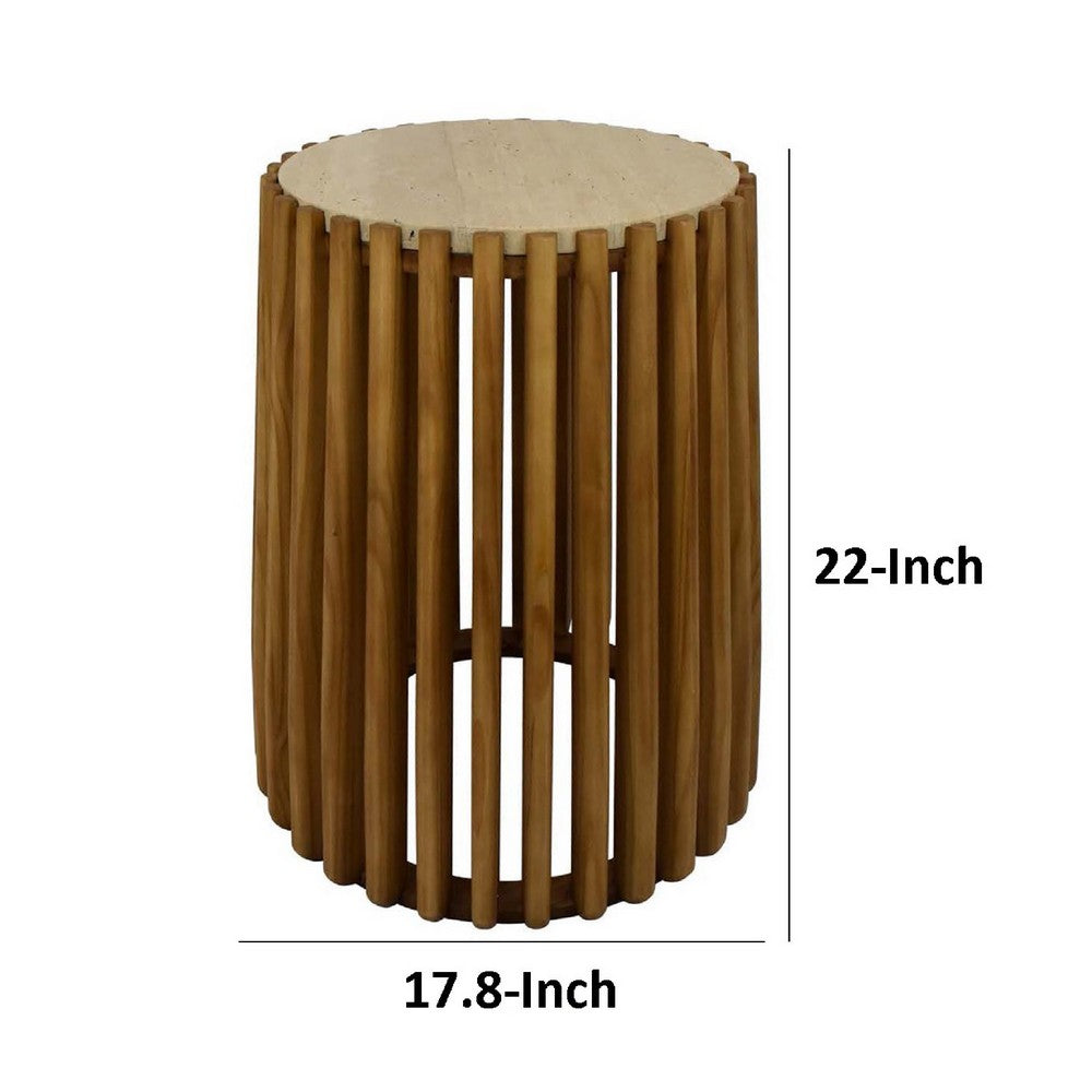 Gexy Side End Table, 18 Inch Marble Top, Slatted Drum Base, Brown -BM334845