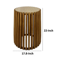 Gexy Side End Table, 18 Inch Marble Top, Slatted Drum Base, Brown -BM334845