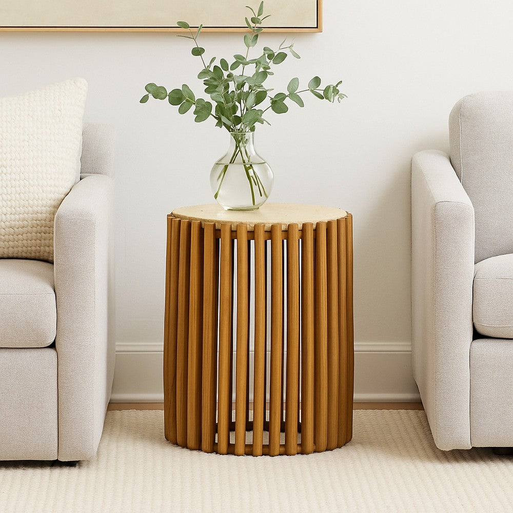 Gexy Side End Table, 18 Inch Marble Top, Slatted Drum Base, Brown -BM334845