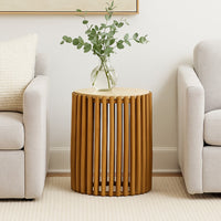 Gexy Side End Table, 18 Inch Marble Top, Slatted Drum Base, Brown -BM334845