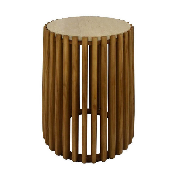 Gexy Side End Table, 18 Inch Marble Top, Slatted Drum Base, Brown -BM334845
