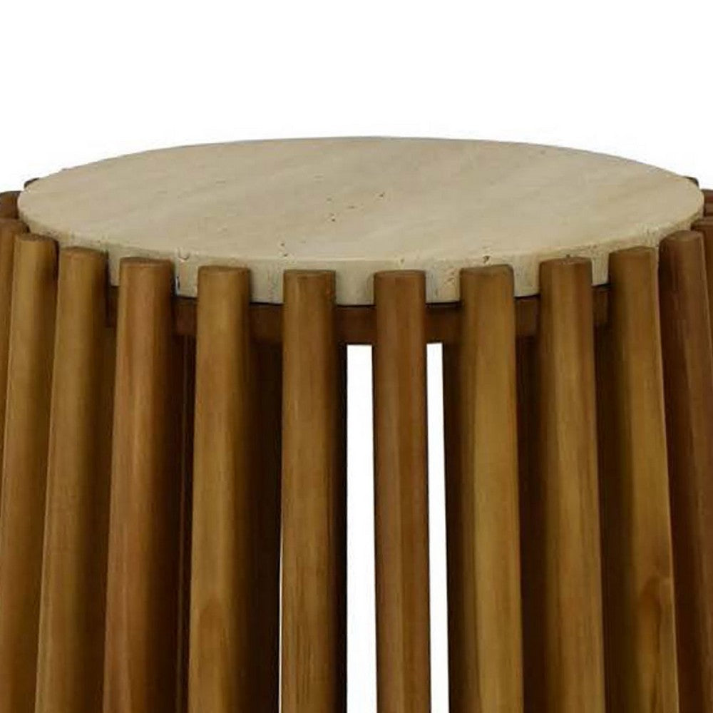 Gexy Side End Table, 16 Inch Marble Top, Slatted Drum Base, Brown -BM334846