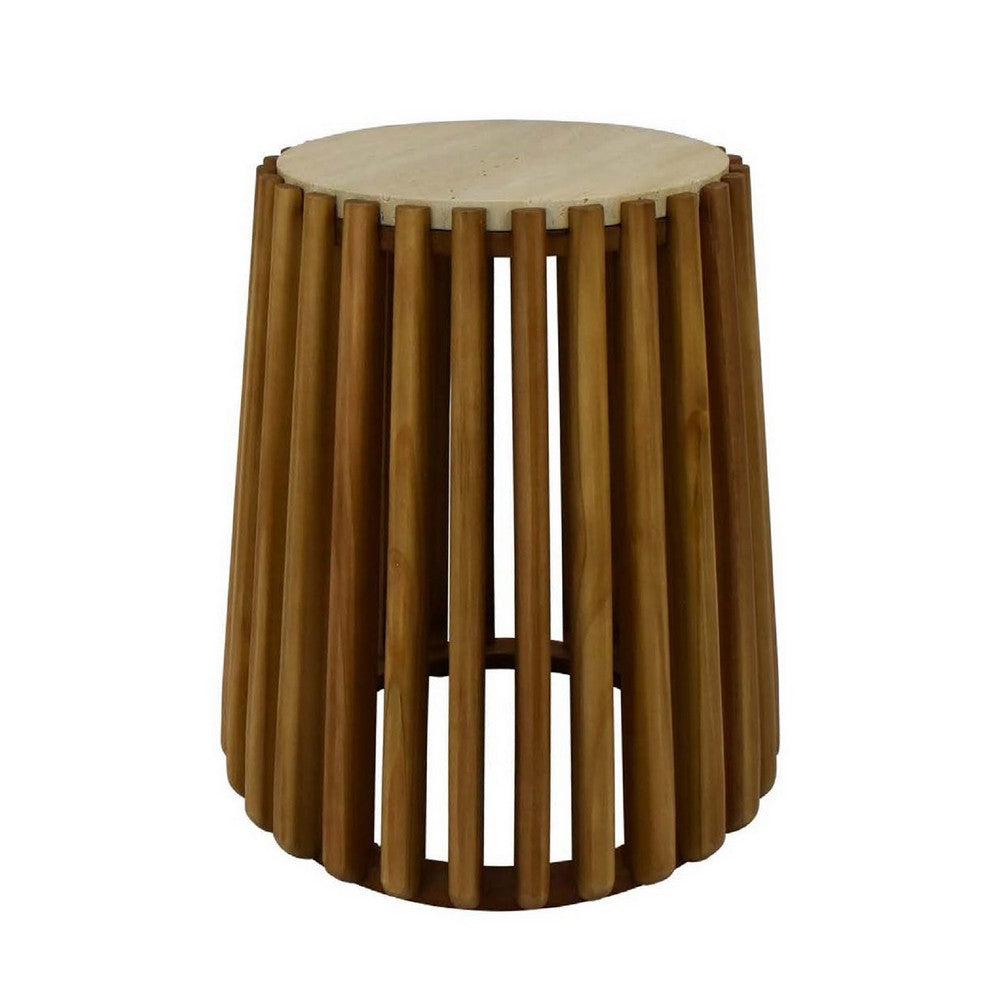 Gexy Side End Table, 16 Inch Marble Top, Slatted Drum Base, Brown -BM334846