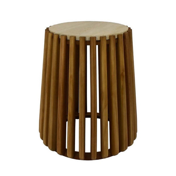 Gexy Side End Table, 16 Inch Marble Top, Slatted Drum Base, Brown -BM334846