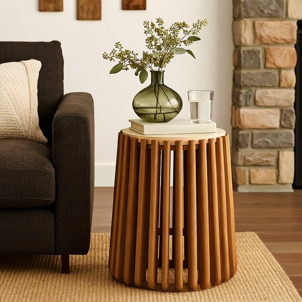 Gexy Side End Table, 16 Inch Marble Top, Slatted Drum Base, Brown -BM334846