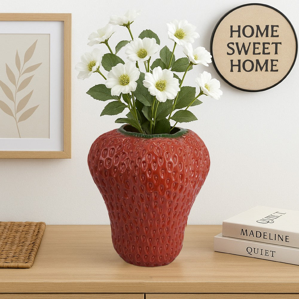 Kema Decorative Flower Vase, Strawberry Accent, 15 Inch Red Ceramic -BM334852