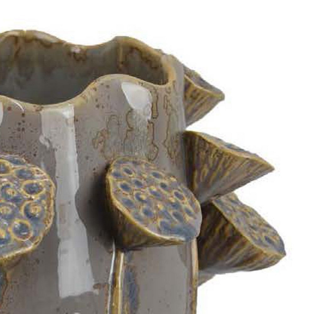 Ro Decorative Vase, Textured Lotus Accents, Muted Gray Ceramic 16 Inch -BM334856