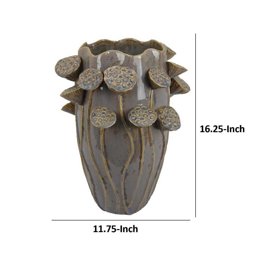 Ro Decorative Vase, Textured Lotus Accents, Muted Gray Ceramic 16 Inch -BM334856