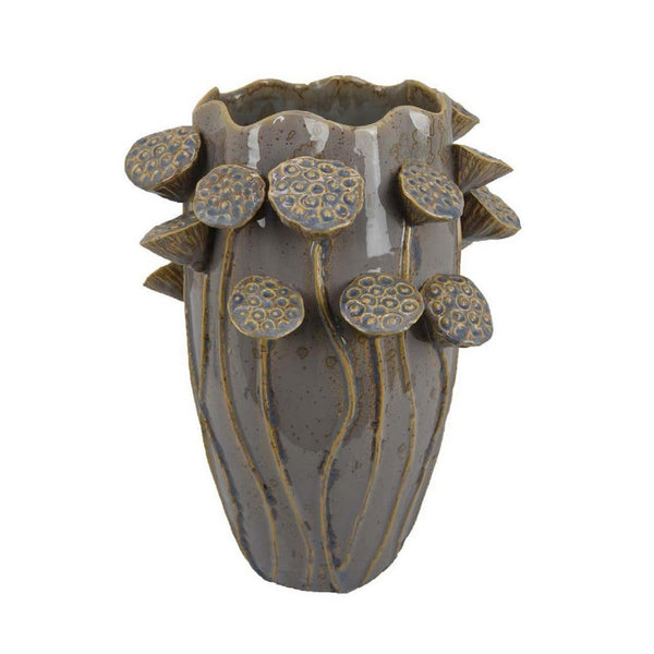 Ro Decorative Vase, Textured Lotus Accents, Muted Gray Ceramic 16 Inch -BM334856