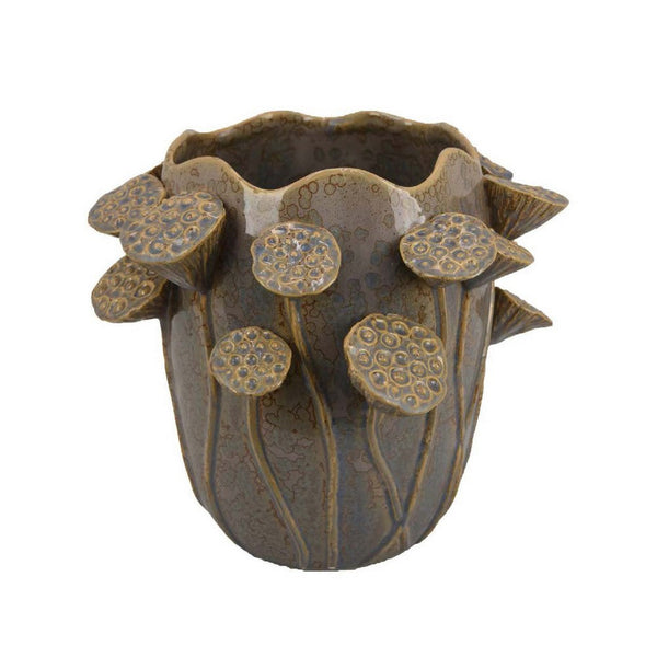 Ro Decorative Vase, Textured Lotus Accents, Muted Gray Ceramic 12 Inch -BM334857