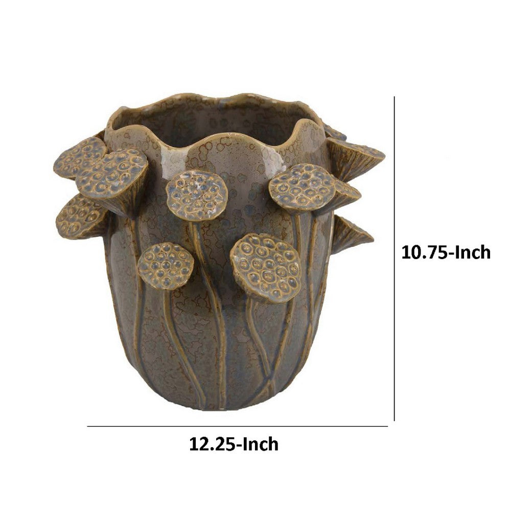 Ro Decorative Vase, Textured Lotus Accents, Muted Gray Ceramic 12 Inch -BM334857