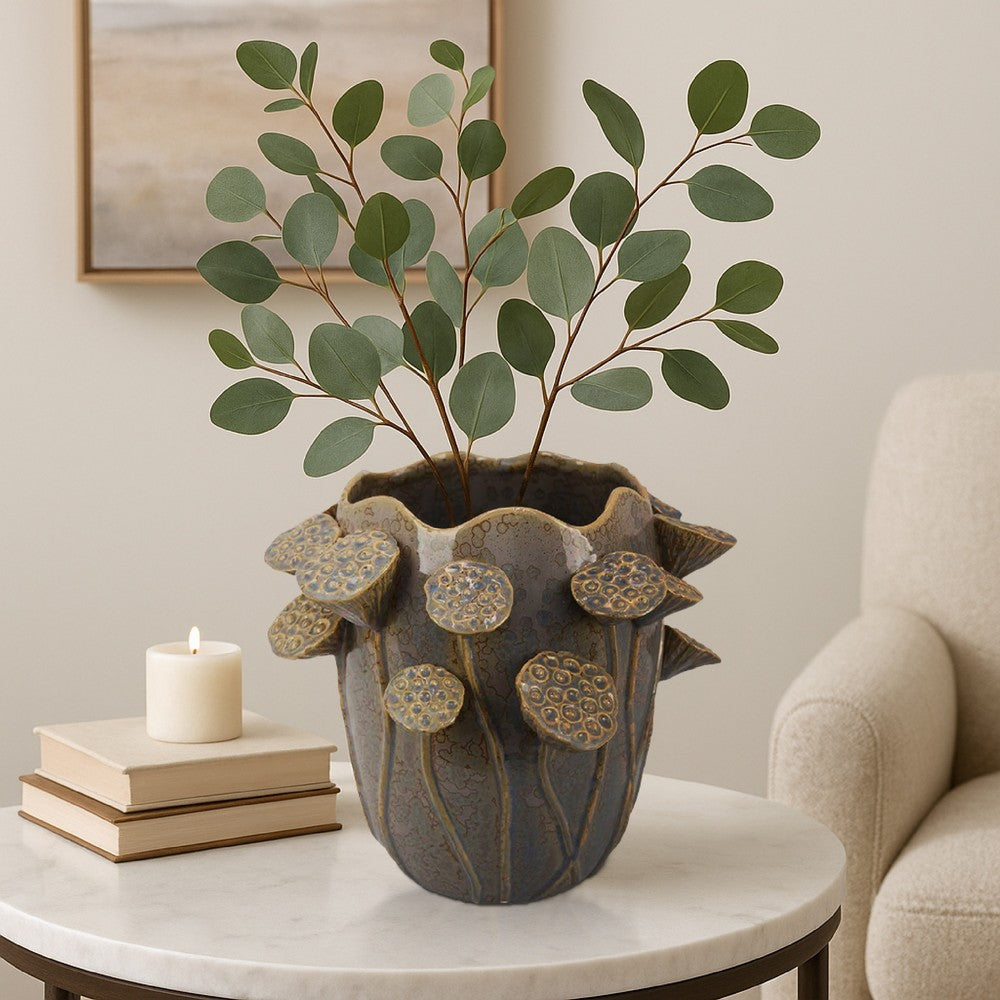 Ro Decorative Vase, Textured Lotus Accents, Muted Gray Ceramic 12 Inch -BM334857