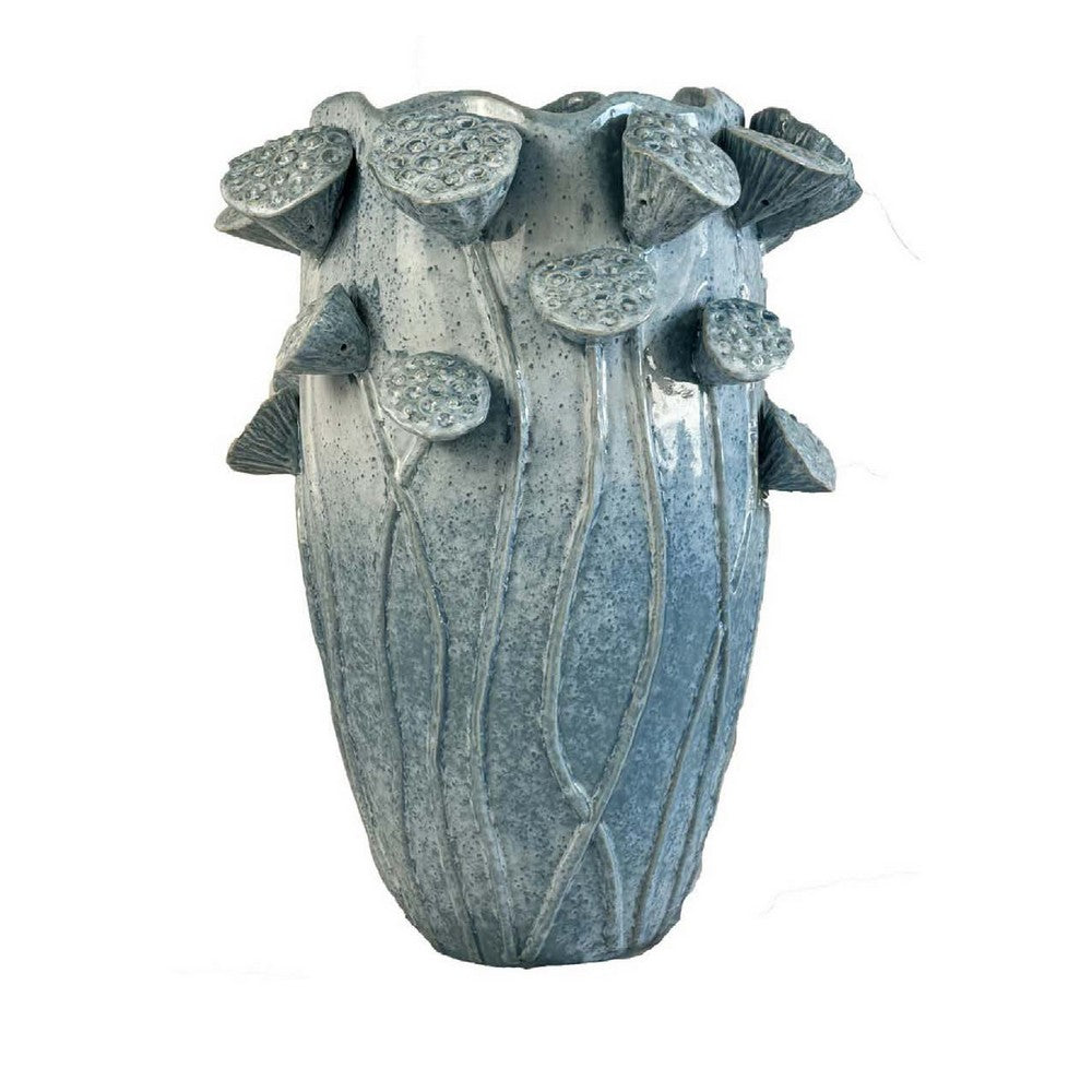 Ro Decorative Vase, Textured Lotus Accents, Blue Ceramic 16 Inch -BM334858
