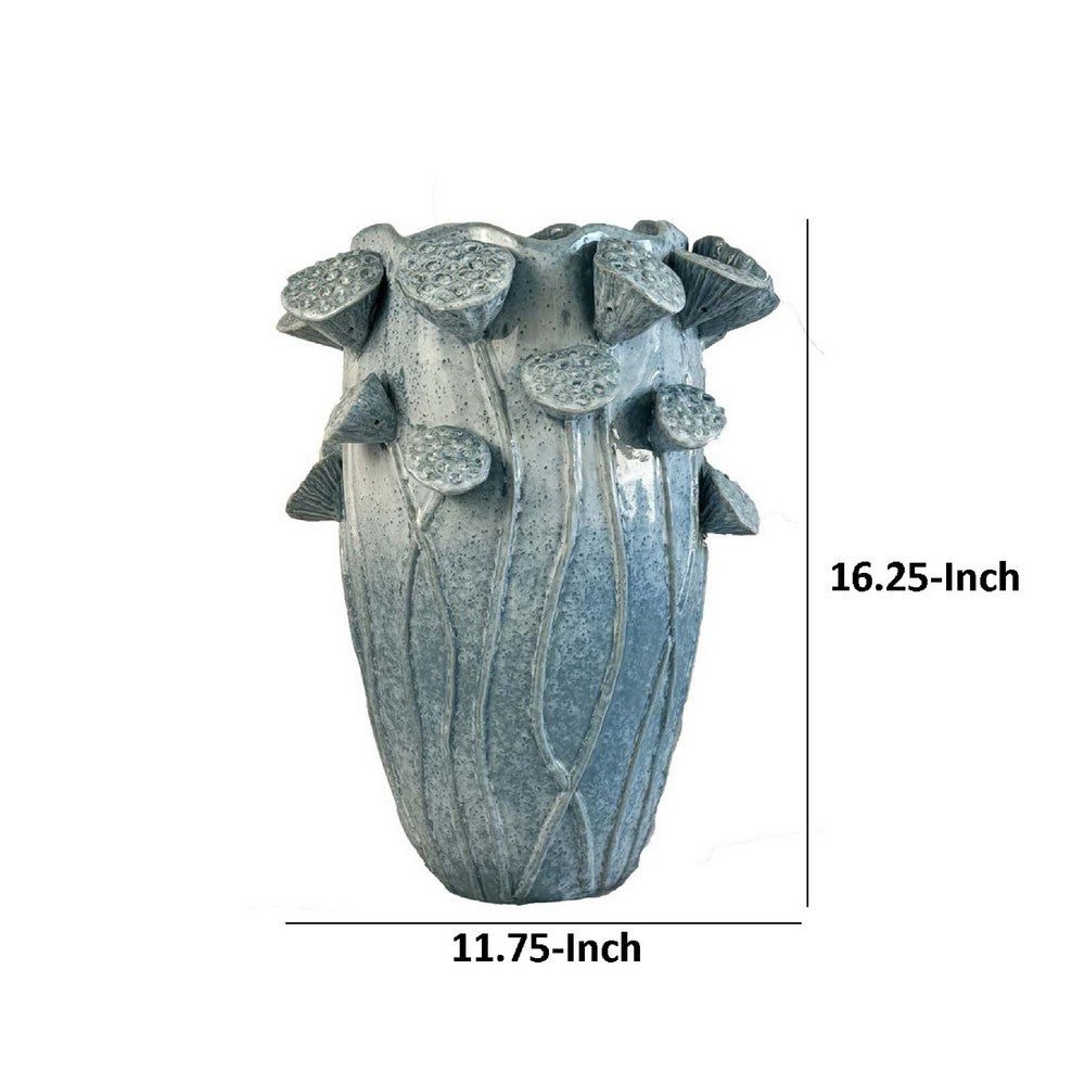 Ro Decorative Vase, Textured Lotus Accents, Blue Ceramic 16 Inch -BM334858