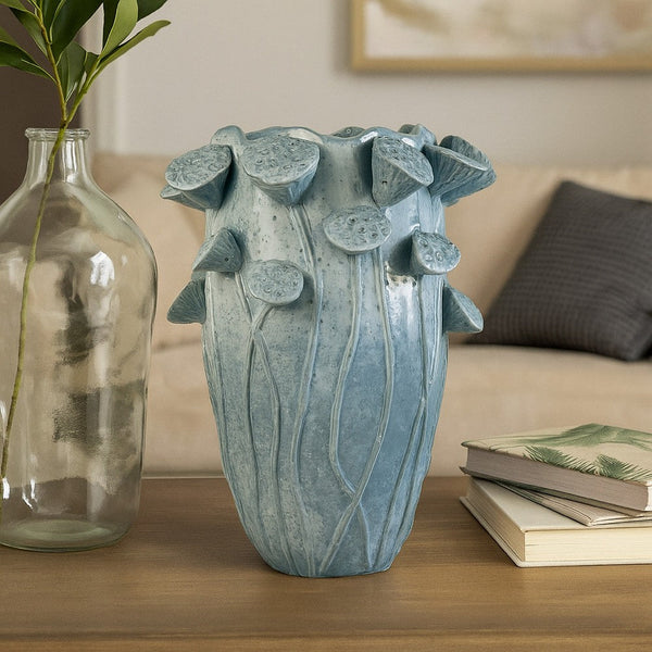 Ro Decorative Vase, Textured Lotus Accents, Blue Ceramic 16 Inch -BM334858