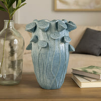 Ro Decorative Vase, Textured Lotus Accents, Blue Ceramic 16 Inch -BM334858