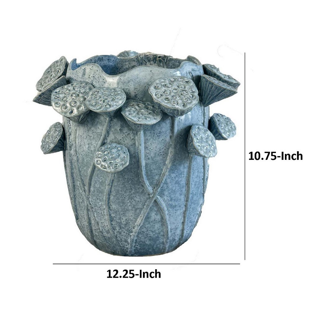 Ro Decorative Vase, Textured Lotus Accents, Blue Ceramic 12 Inch -BM334859