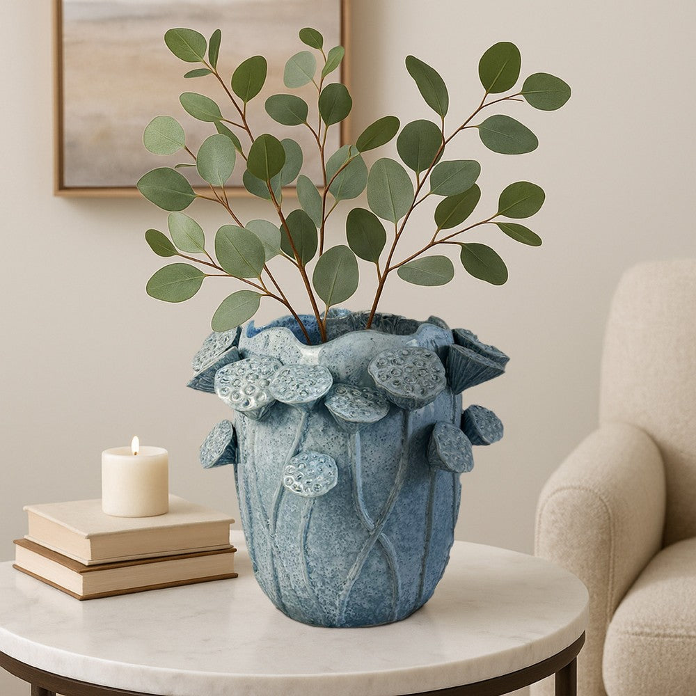 Ro Decorative Vase, Textured Lotus Accents, Blue Ceramic 12 Inch -BM334859