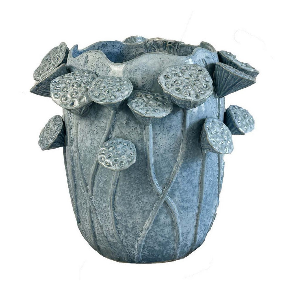 Ro Decorative Vase, Textured Lotus Accents, Blue Ceramic 12 Inch -BM334859