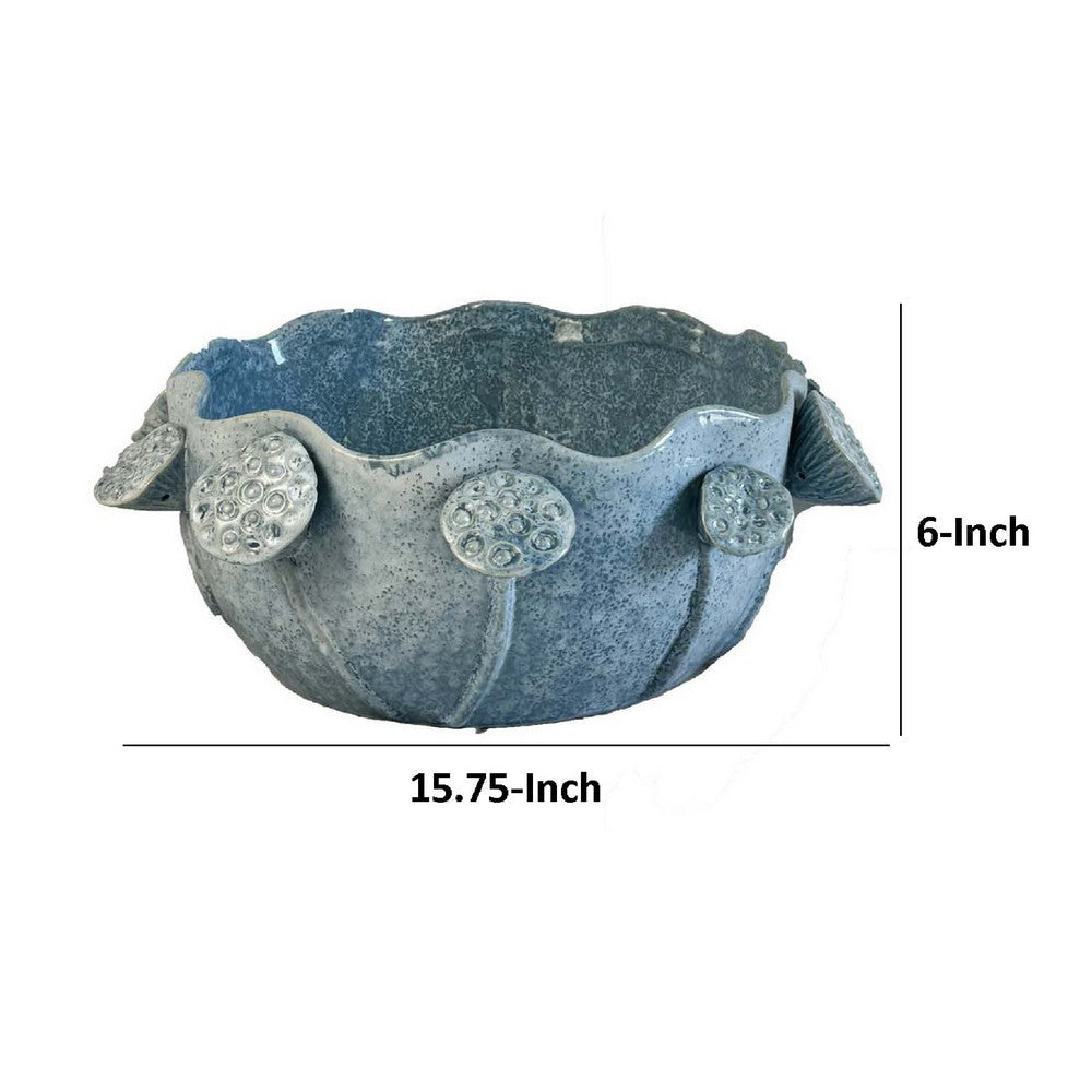 Ro Decorative Bowl, Textured Lotus Accents, Blue Ceramic 16 Inch -BM334860