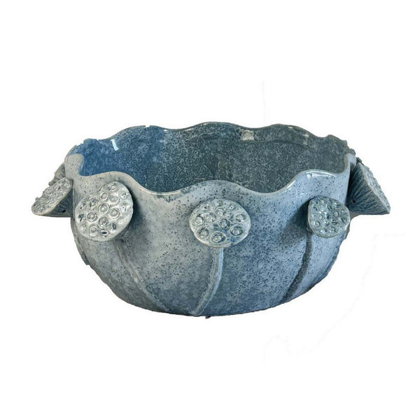 Ro Decorative Bowl, Textured Lotus Accents, Blue Ceramic 16 Inch -BM334860