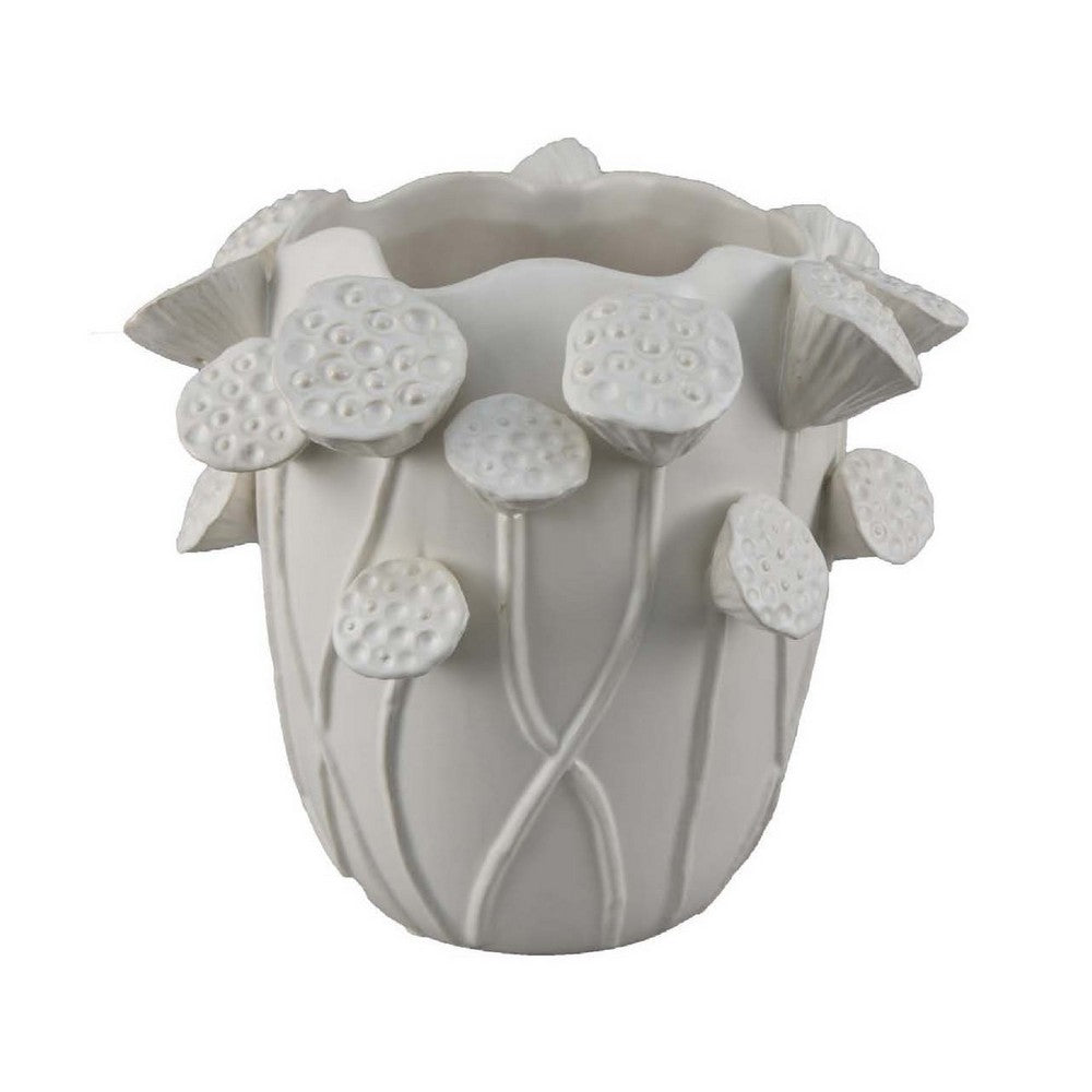 Ro Decorative Vase, Textured Lotus Accents, White Ceramic 12 Inch -BM334862