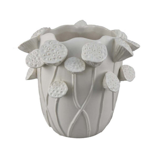Ro Decorative Vase, Textured Lotus Accents, White Ceramic 12 Inch -BM334862