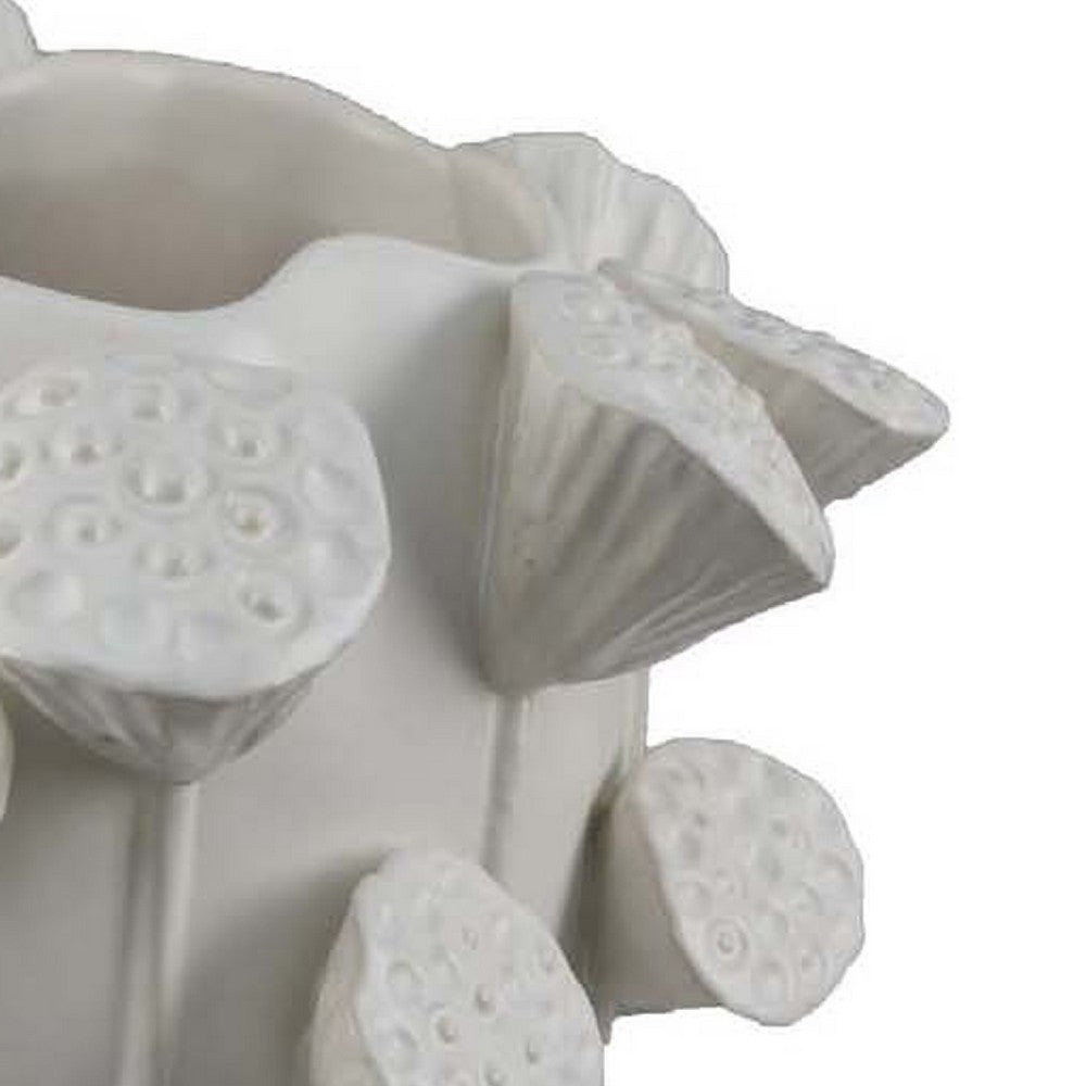 Ro Decorative Vase, Textured Lotus Accents, White Ceramic 12 Inch -BM334862