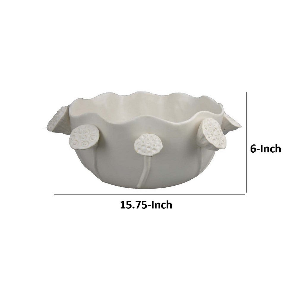 Ro Decorative Bowl, Textured Lotus Accents, White Ceramic 16 Inch -BM334863