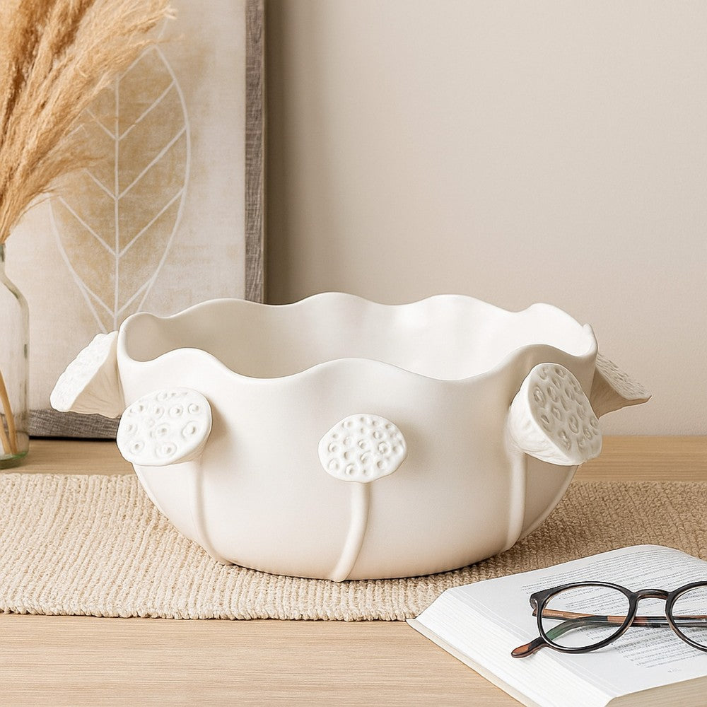 Ro Decorative Bowl, Textured Lotus Accents, White Ceramic 16 Inch -BM334863