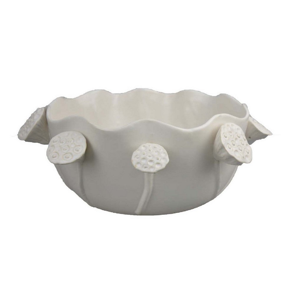Ro Decorative Bowl, Textured Lotus Accents, White Ceramic 16 Inch -BM334863