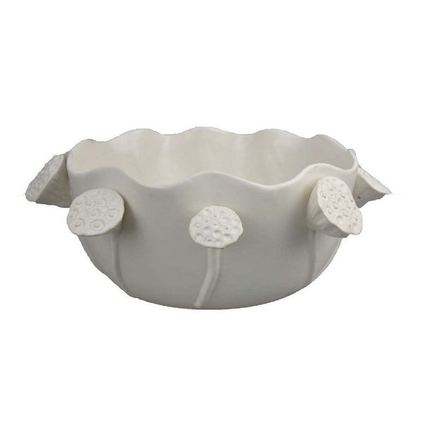 Ro Decorative Bowl, Textured Lotus Accents, White Ceramic 16 Inch -BM334863