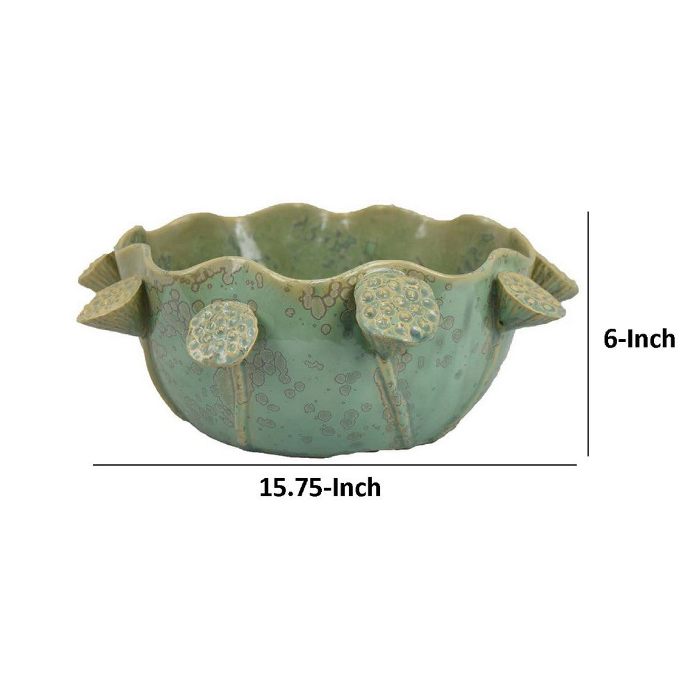 Ro Decorative Bowl, Textured Lotus Accents, Sage Green Ceramic 16 Inch -BM334864