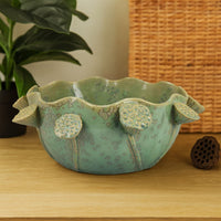 Ro Decorative Bowl, Textured Lotus Accents, Sage Green Ceramic 16 Inch -BM334864