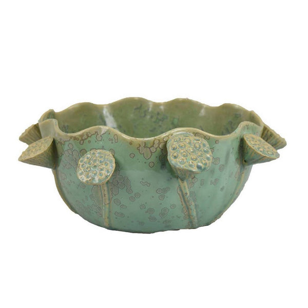 Ro Decorative Bowl, Textured Lotus Accents, Sage Green Ceramic 16 Inch -BM334864