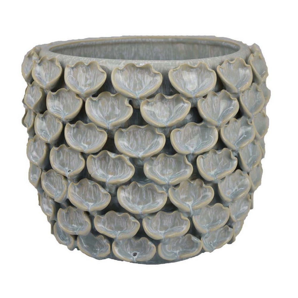 Decorative Textured Planter, Seashell Style 12 Inch Gray Ceramic Body -BM334868