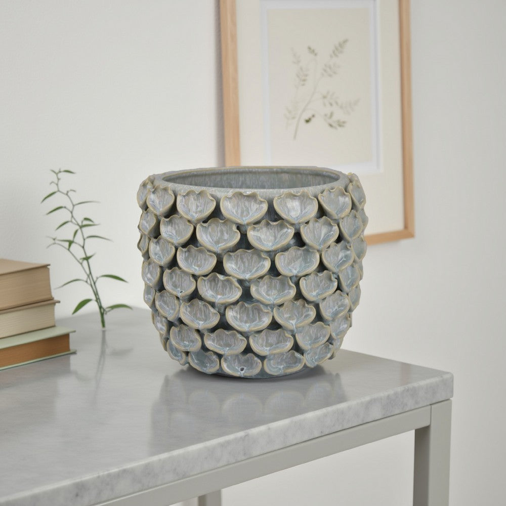 Decorative Textured Planter, Seashell Style 12 Inch Gray Ceramic Body -BM334868